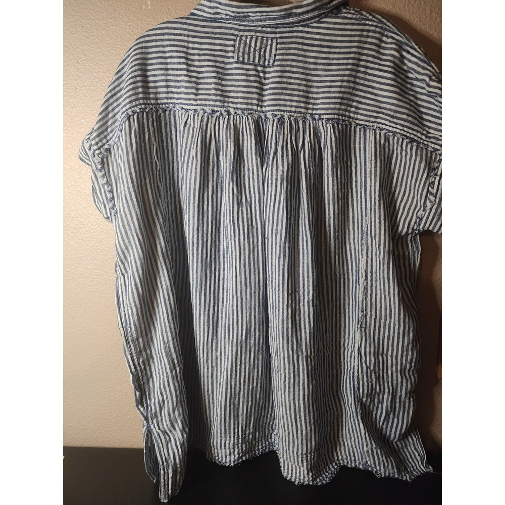We The Free Free People Blue White Striped Linen Blend Button Down Shirt XL - Picture 2 of 9